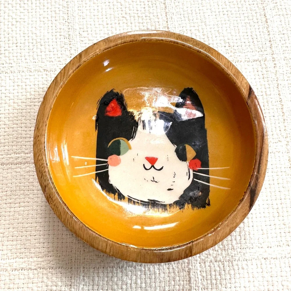 Cat Face Mango Wood Trinket‎ Bowl Dish Catchall Dish Danica Studio Yellow